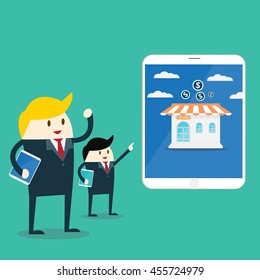 businessman stand front of shop ,Flat design vector illustration concept for on-line ordering goods, e-commerce, on-line shopping