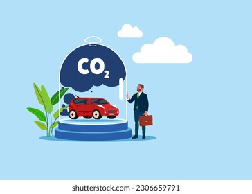 Businessman stand with glass dome strong protection catching smoke from the car, air pollution, co2. Carbon Capture Technology research. Modern vector illustration in flat style