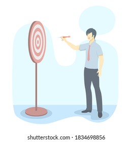 Businessman stand hold the dart and aim at the target.Flat design style.Isolated on white background.Vector illustration about plan and vision.