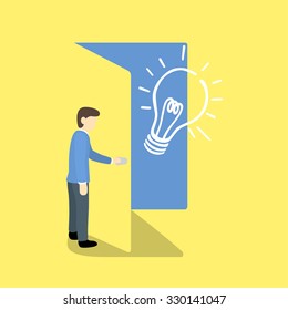 Businessman Stand Hold Handle Open Door with light bulb.