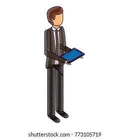 businessman stand holding tablet device