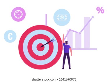 Businessman Stand at Huge Target with Arrow in Center Pointing on Dollar Icon near Growing Data Chart. Wealth, Roi, Return on Investment and Money Refund Concept. Cartoon Flat Vector Illustration