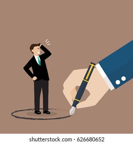 Businessman stand inside a circle painted by big boss. Warning sign