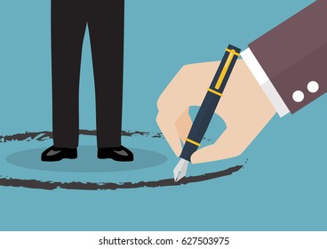 Businessman stand inside a circle painted by big hand. Warning sign