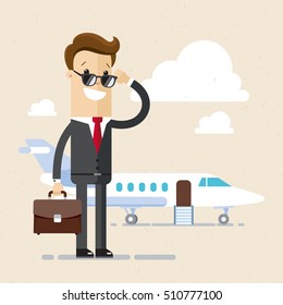 Businessman stand near airplane. Businessman traveling concept.. Vector, illustration, flat