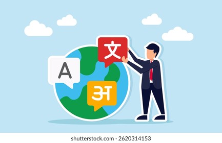 Businessman stand next to a globe marked with alphabet and Tagalog, holding a chat dialog marked with Mandarin, illustration of cultural acculturation including language promotion