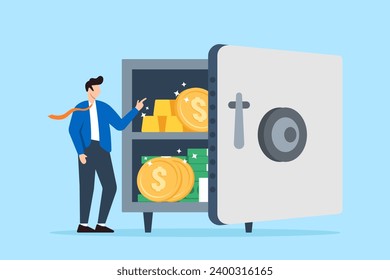 Businessman stand next to safe with gold, and coin cash money in flat design