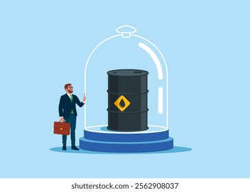 Businessman stand with oil barrel under glass dome strong protection. Control oil prices. Modern vector illustration in flat style