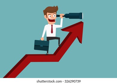 Businessman stand on arrow graph using telescope looking for success, opportunities, future business trends. Vision concept. Cartoon Vector Illustration.