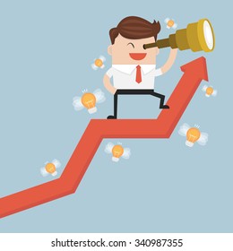 Businessman stand on arrow graph using telescope looking for success