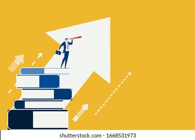 Businessman stand on book stairs use telescope looking for success, opportunities, future business trends. Stairs step made of books to success. Vector Illustration.
