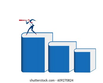 Businessman stand on book stairs using telescope looking for success, opportunities, future business trends. Stairs step made of books to success. Infographics template Cartoon Vector Illustration.