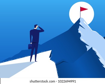 Businessman stand on cliff direction looks at the flag of success on top of mountain, opportunities, future business trends. Vision concept. Cartoon Vector Illustration.
