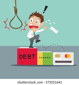 Businessman stand on credit card podium with hanging gallows rope, vector illustration cartoon