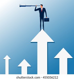 Businessman stand on graph arrow using telescope looking for success, opportunities, future business trends. Vision concept. Cartoon Vector Illustration.