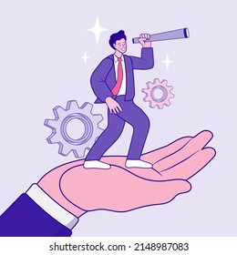 businessman stand on hand look into telescope. Vision to see opportunity, support or empowerment for career development. Looking in future. Vector illustration flat design. Isolated on background.