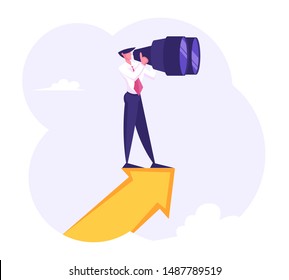 Businessman Stand on Huge Arrow Watching to Binoculars Searching for Successful Financial Ideas. Business Man Vision Forecast Prediction, Future Planning Strategy. Cartoon Flat Vector Illustration