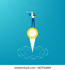 Businessman stand on map pointer using telescope looking for success, opportunities, future business trends. Vision concept.
