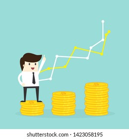 businessman stand on money coin to success, business concept illustration with graph.