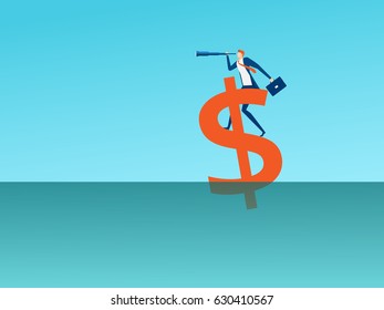 Businessman stand on money sign using telescope looking for success, opportunities, future business trends. Vision concept. Cartoon Vector Illustration.