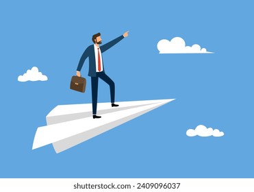 Businessman stand on paper plane and point to forward. Make plans and go straight ahead.