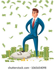 Businessman stand on a pile of money. Businessman standing under money rain. Cartoon style character design. Vector illustration on white background. Website page and mobile app design.