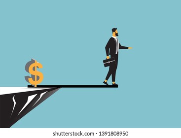 Businessman stand on the plank obstacles between cliffsl to money sign, Business risk and success concept.