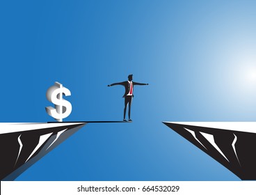 Businessman stand on the plank obstacles between cliffs to money sign, Business risk and success concept. 