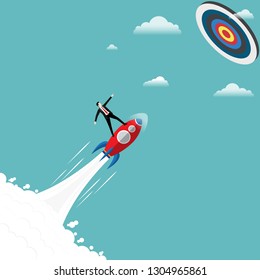 Businessman stand on the rocket to the goal of success. Career success goals. Marketing concept and vision. Illustration vector flat