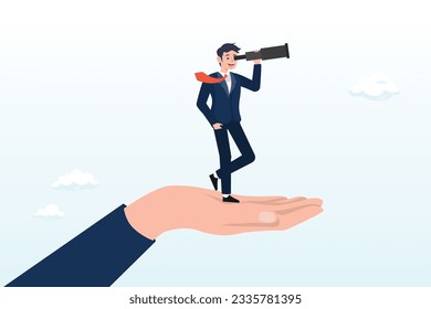 Businessman stand on support hand look into telescope vision, vision to see opportunity, support or empowerment for career development, success opportunity or visionary to see journey ahead (Vector)