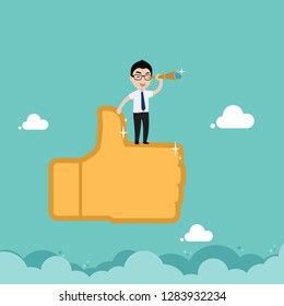 Businessman stand on thumb up sign and looking through a telescope. Service rating, satisfaction concept