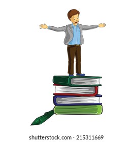 businessman stand on top of book