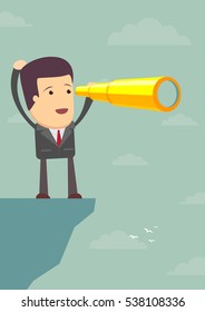 Businessman stand on top of cliff , using telescope looking for success, opportunities, future business trends. Vision concept. Cartoon Vector Illustration.