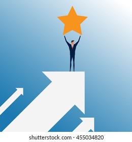 Businessman stand on top of graph arrow and holding star. Success concept. Cartoon Vector Illustration.