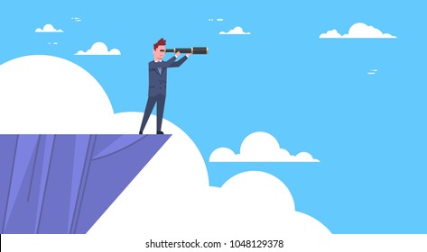 Businessman Stand On Top Of Mountain With Telescope Looking For Success, Opportunities, Business Vision Concept