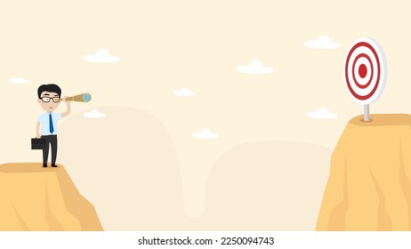 Businessman stand on top of mountain peak and looking through a telescope to achieve target. Business success, leadership, executive and management concept