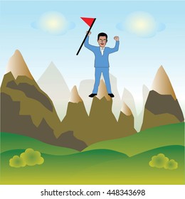 businessman stand on top of mountain. Success concept. Cartoon Vector Illustration.