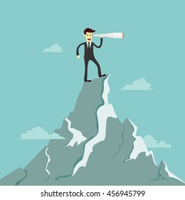 Businessman stand on the top of the mountain using binoculars looking for business opportunity, Vision concept, vector illustration