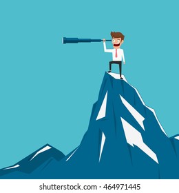 Businessman stand on top of mountain using telescope looking for success, opportunities, future business trends. Vision concept. Cartoon Vector Illustration.