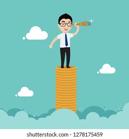 Businessman stand on top stack of coin and looking through a telescope. Business success, leadership, executive and management concept