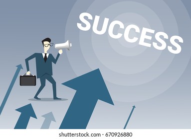 Businessman Stand Over Financial Graph Arrows Up Successful Business Man Growth Hold Megaphone Marketing Concept Vector Illustration