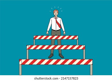 Businessman stand overcome obstacles on way to career or work success. Motivated happy man employee pass barriers to achievement. Challenge and accomplishment. Vector illustration. 