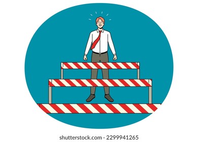 Businessman stand overcome obstacles on way to career or work success. Motivated happy man employee pass barriers to achievement. Challenge and accomplishment. Vector illustration.