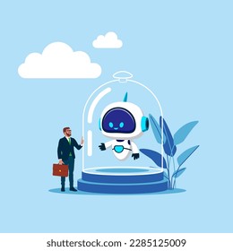 Businessman stand with robot under glass dome strong protection. Protect digital technology. Artificial intelligence technology. Modern vector illustration in flat style
