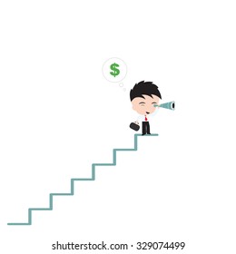 Businessman stand at stair and looking for money dollar sign with telescope or binoculars