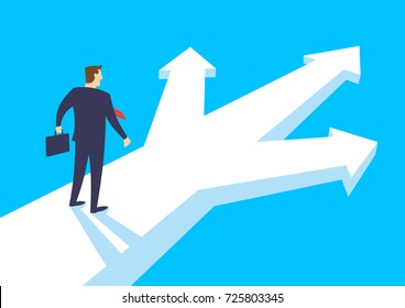 Businessman stand and thinking at a crossroads, Selection the right solution, Business concept opportunities and options, Flat design vector illustration