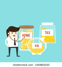 Businessman stand using stethoscope to check money coin health with glass bottles saving for future concept.