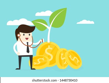 Businessman stand using stethoscope to check money coin health with money coin saving for future concept.