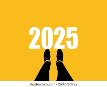 Businessman standing at 2025 point, top view