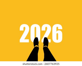 Businessman standing at 2026 point, top view